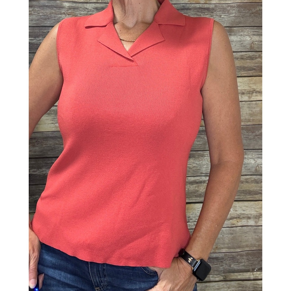Chicos Design Vintage 90s Sleeveless Knit Top Coral Red Notch Collar 1 Medium